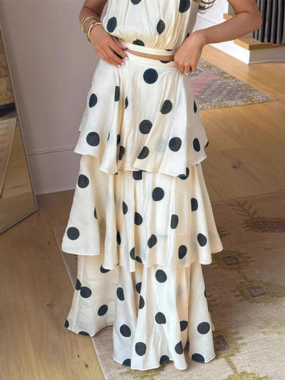 Polka Dot Skirt Two Piece Set For Women - Retro Halter Neck Crop Top And Tiered Maxi Skirt - Summer Garden Party 2026