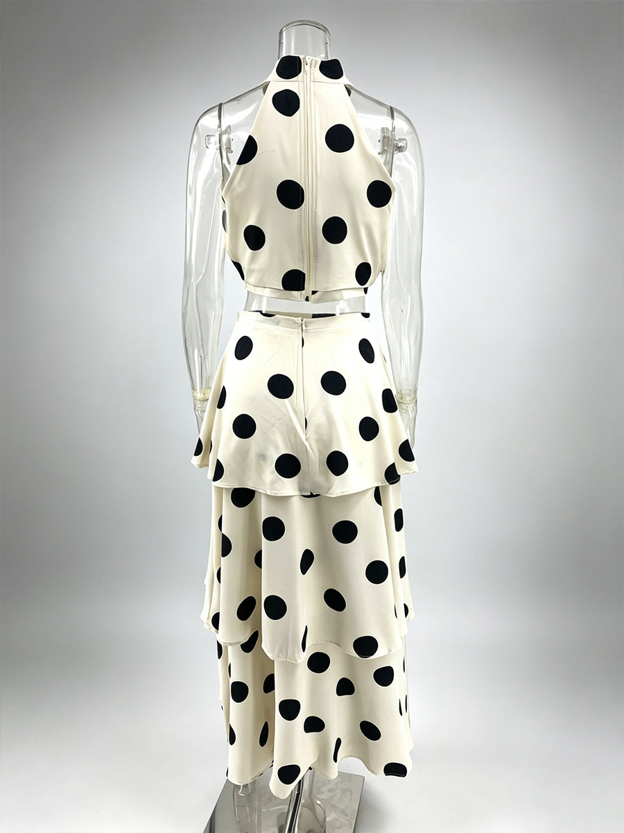 Polka Dot Skirt Two Piece Set For Women - Retro Halter Neck Crop Top And Tiered Maxi Skirt - Summer Garden Party 2026