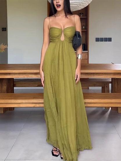 Sexy Cutout Maxi Dress For Women - Ruched Bust Spaghetti Strap Boho Flowy Sundress - Summer Beach Vacation 2026