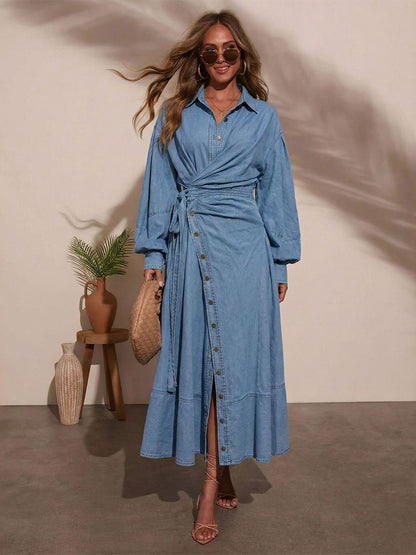 Lantern Sleeve Denim Maxi Dress For Women - Light Wash Western Style Cross-Wrap Waist Shirt Dress- Spring Daily Casual 2026