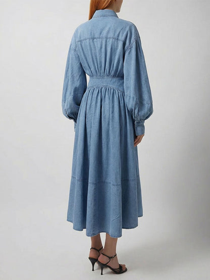 Lantern Sleeve Denim Maxi Dress For Women - Light Wash Western Style Cross-Wrap Waist Shirt Dress- Spring Daily Casual 2026