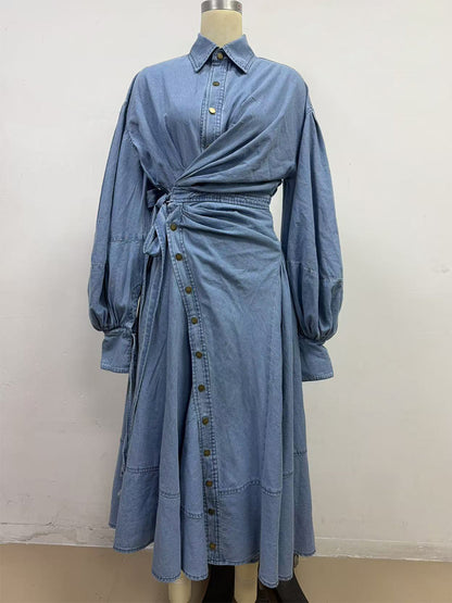 Lantern Sleeve Denim Maxi Dress For Women - Light Wash Western Style Cross-Wrap Waist Shirt Dress- Spring Daily Casual 2026