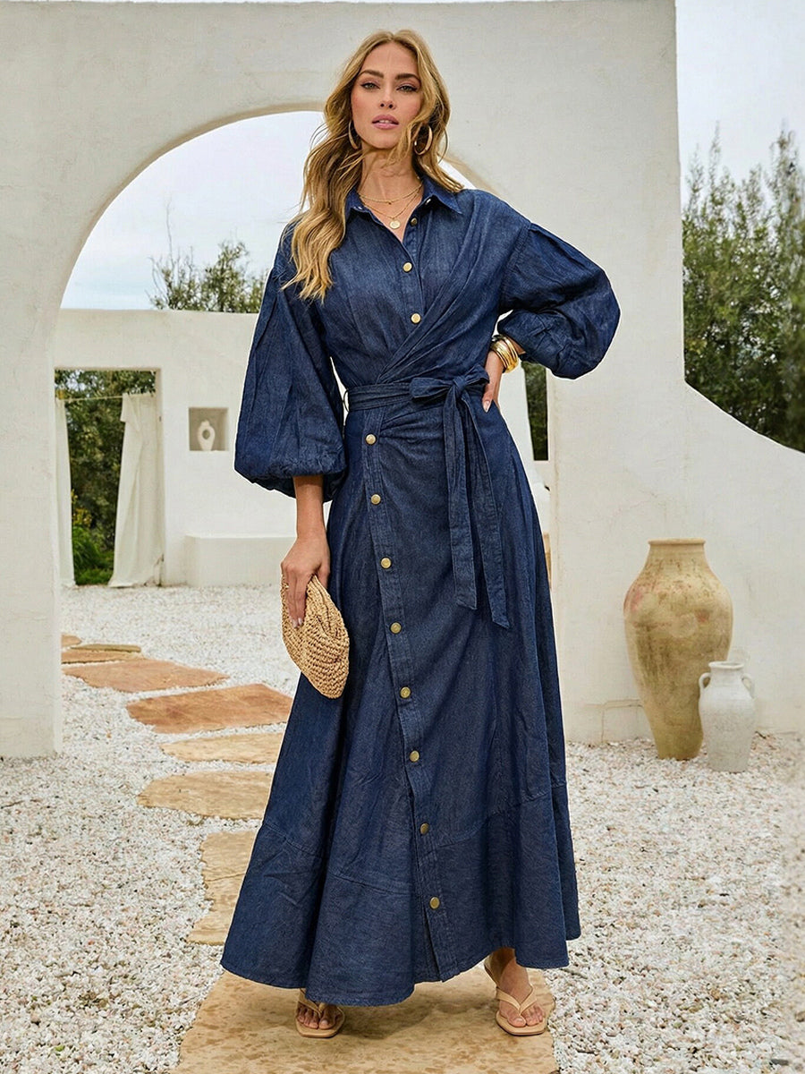 Lantern Sleeve Denim Maxi Dress For Women - Light Wash Western Style Cross-Wrap Waist Shirt Dress- Spring Daily Casual 2026