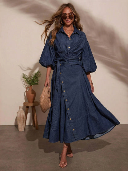 Lantern Sleeve Denim Maxi Dress For Women - Light Wash Western Style Cross-Wrap Waist Shirt Dress- Spring Daily Casual 2026