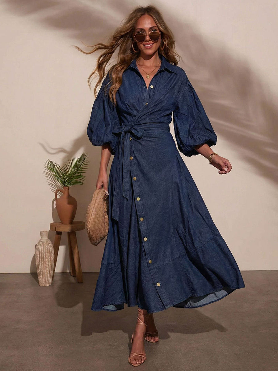 Lantern Sleeve Denim Maxi Dress For Women - Light Wash Western Style Cross-Wrap Waist Shirt Dress- Spring Daily Casual 2026