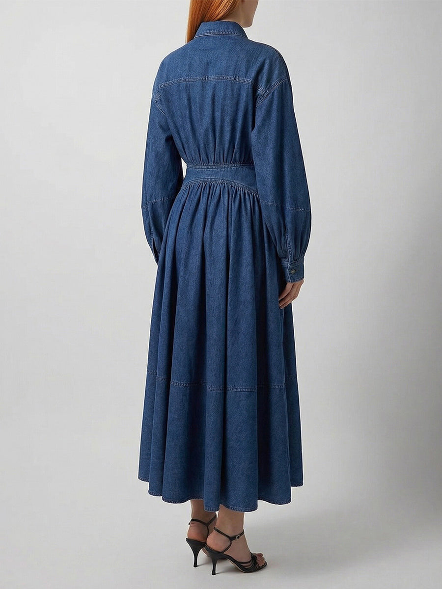Lantern Sleeve Denim Maxi Dress For Women - Light Wash Western Style Cross-Wrap Waist Shirt Dress- Spring Daily Casual 2026