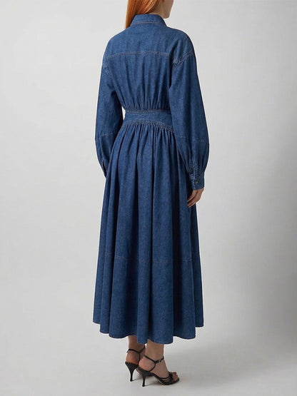 Lantern Sleeve Denim Maxi Dress For Women - Light Wash Western Style Cross-Wrap Waist Shirt Dress- Spring Daily Casual 2026