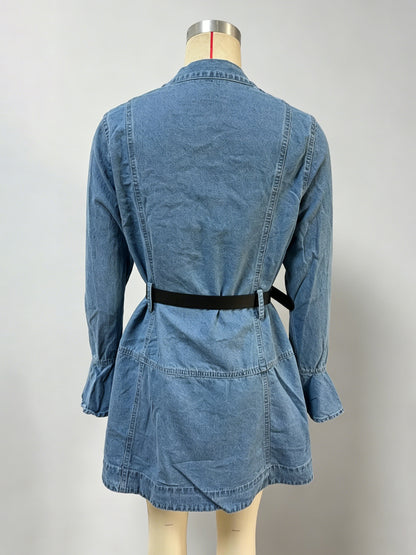 Bell Sleeve Mini Denim Dress For Women - Light Blue Flare Cuff Button Down Belted Jean Shirt Dress - Spring Daily Casual 2026