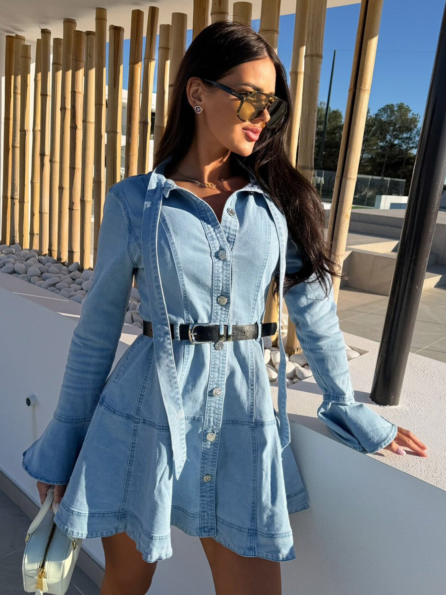 Bell Sleeve Mini Denim Dress For Women - Light Blue Flare Cuff Button Down Belted Jean Shirt Dress - Spring Daily Casual 2026