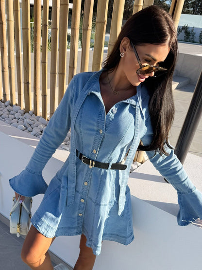Bell Sleeve Mini Denim Dress For Women - Light Blue Flare Cuff Button Down Belted Jean Shirt Dress - Spring Daily Casual 2026