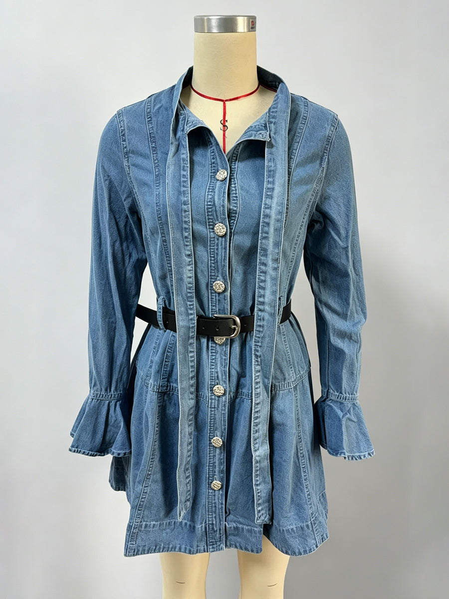 Bell Sleeve Mini Denim Dress For Women - Light Blue Flare Cuff Button Down Belted Jean Shirt Dress - Spring Daily Casual 2026