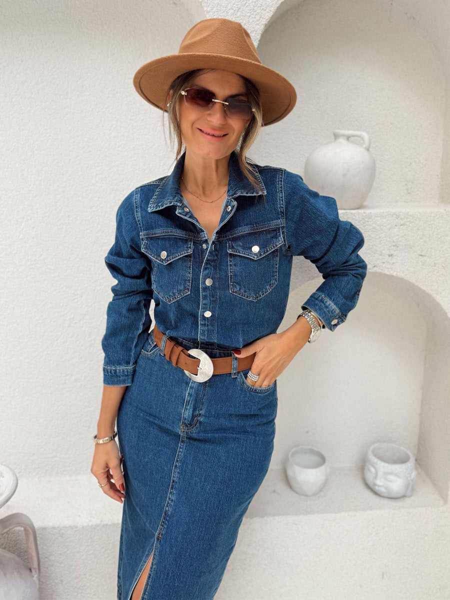 Long Sleeve Denim Midi Dress For Women - Blue Western Style Button Front Split Front Bodycon Jean Dress - Spring Daily Casual 2026