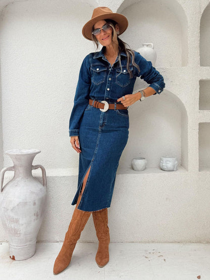 Long Sleeve Denim Midi Dress For Women - Blue Western Style Button Front Split Front Bodycon Jean Dress - Spring Daily Casual 2026