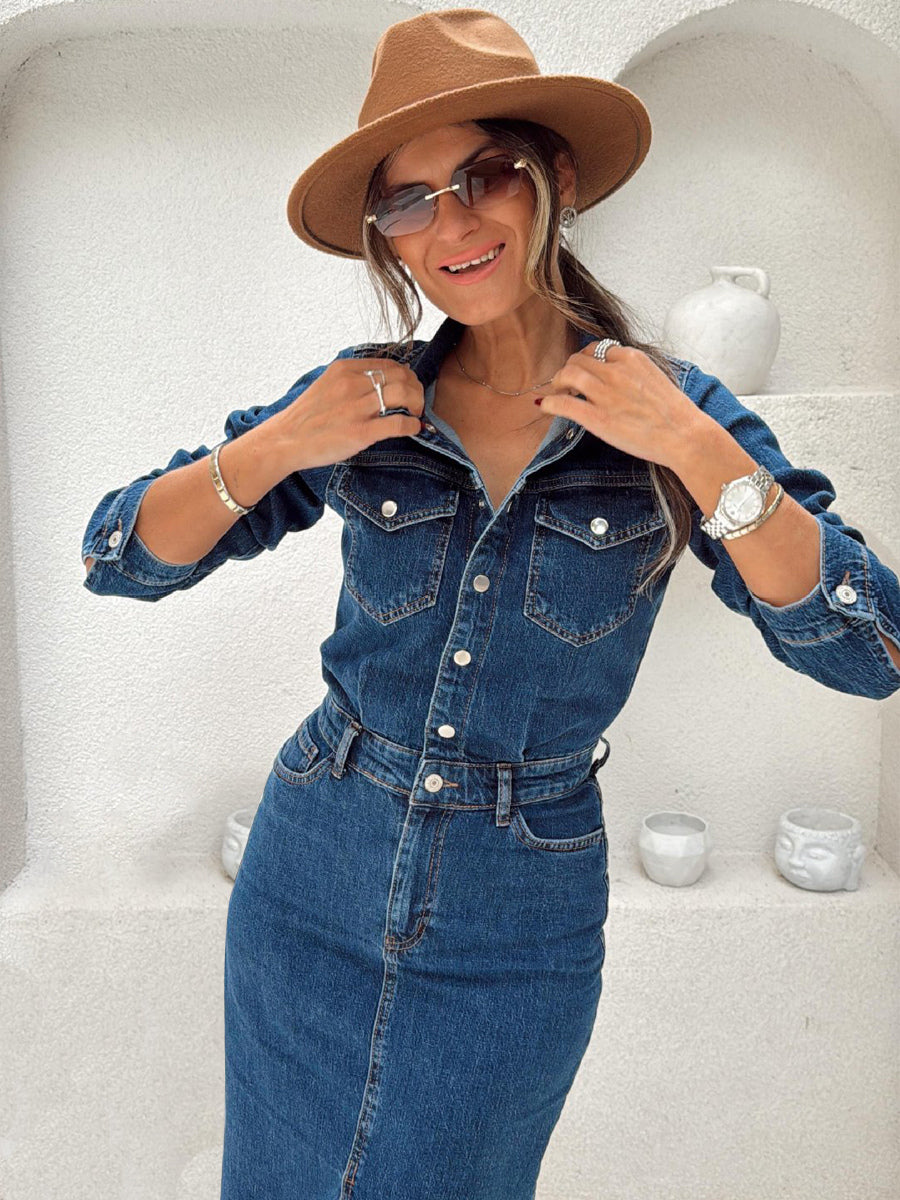 Long Sleeve Denim Midi Dress For Women - Blue Western Style Button Front Split Front Bodycon Jean Dress - Spring Daily Casual 2026