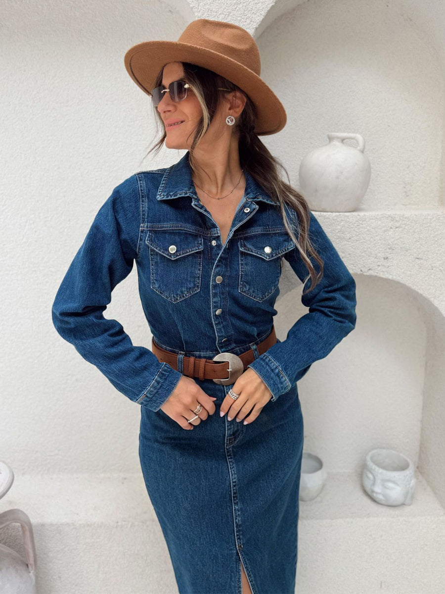 Long Sleeve Denim Midi Dress For Women - Blue Western Style Button Front Split Front Bodycon Jean Dress - Spring Daily Casual 2026