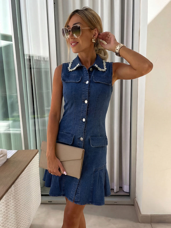 Sleeveless Mini Denim Dress For Women - Dark Blue Beaded Collar Button Up Ruffle Hem Slim Fit Jean Dress - Summer Casual Party 2026