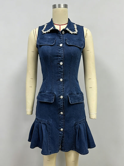 Sleeveless Mini Denim Dress For Women - Dark Blue Beaded Collar Button Up Ruffle Hem Slim Fit Jean Dress - Summer Casual Party 2026