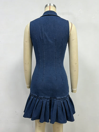 Sleeveless Mini Denim Dress For Women - Dark Blue Beaded Collar Button Up Ruffle Hem Slim Fit Jean Dress - Summer Casual Party 2026