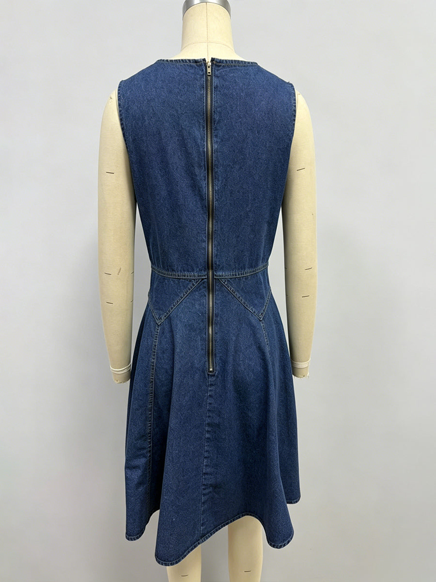 Sleeveless Mini Denim Dress For Women - Medium Blue Y2K Flower Button Fit And Flare Jean Pleated Sun Dress - Summer Casual Party 2026