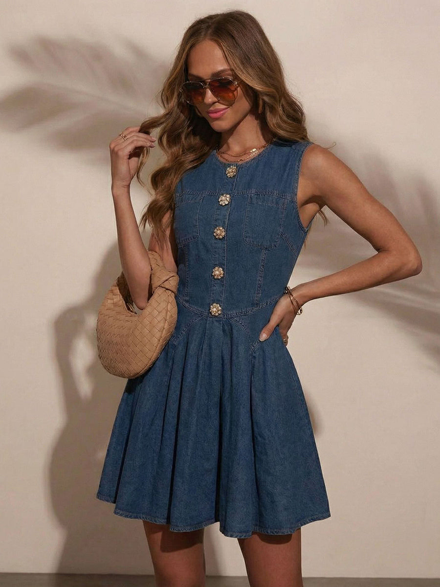 Sleeveless Mini Denim Dress For Women - Medium Blue Y2K Flower Button Fit And Flare Jean Pleated Sun Dress - Summer Casual Party 2026