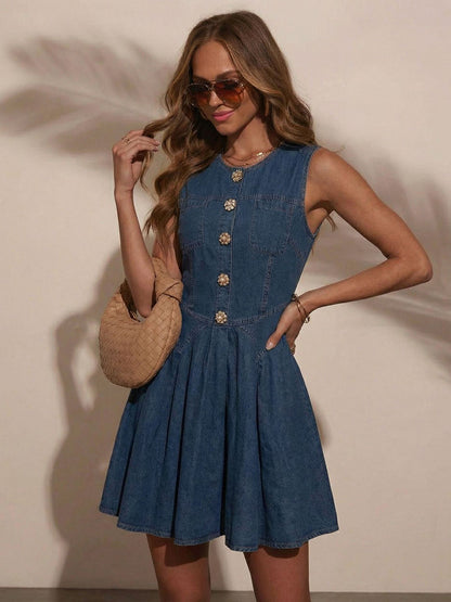 Sleeveless Mini Denim Dress For Women - Medium Blue Y2K Flower Button Fit And Flare Jean Pleated Sun Dress - Summer Casual Party 2026