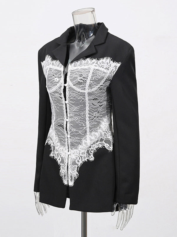 Sexy Corset Lace Blazer For Women - Black White Contrast Bustier Slim Suit Jacket - Spring Night Out Party 2026