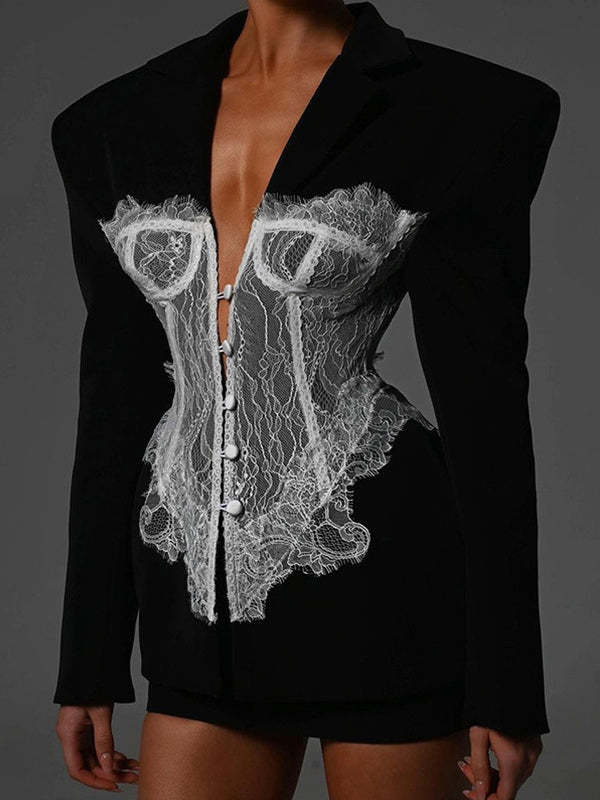 Sexy Corset Lace Blazer For Women - Black White Contrast Bustier Slim Suit Jacket - Spring Night Out Party 2026