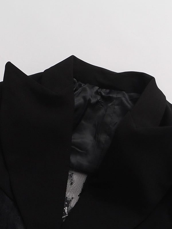 Sexy Lace Patchwork Blazer For Women - Black Gothic Sheer Mesh Waist Slim Fit Suit Jacket - Spring Evening Party 2026