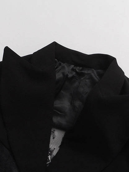 Sexy Lace Patchwork Blazer For Women - Black Gothic Sheer Mesh Waist Slim Fit Suit Jacket - Spring Evening Party 2026