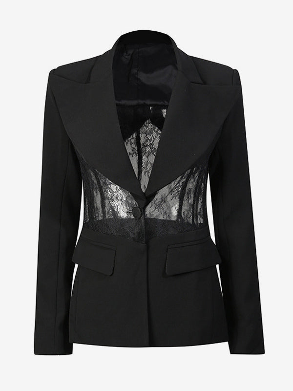 Sexy Lace Patchwork Blazer For Women - Black Gothic Sheer Mesh Waist Slim Fit Suit Jacket - Spring Evening Party 2026