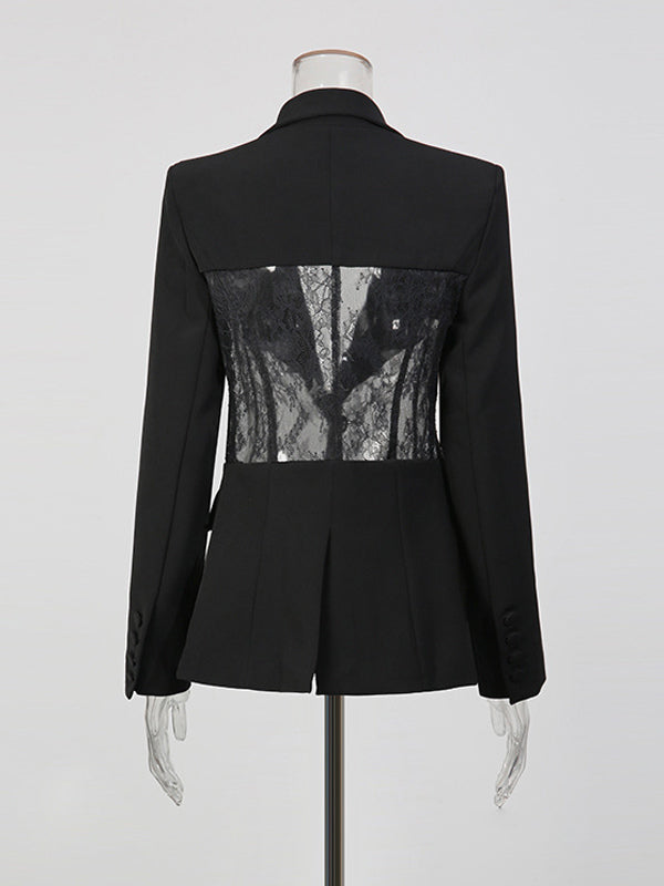 Sexy Lace Patchwork Blazer For Women - Black Gothic Sheer Mesh Waist Slim Fit Suit Jacket - Spring Evening Party 2026
