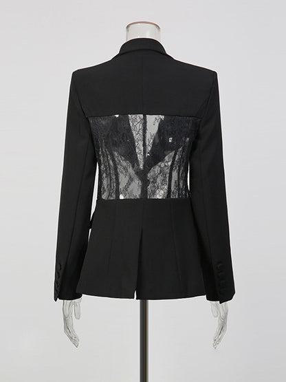 Sexy Lace Patchwork Blazer For Women - Black Gothic Sheer Mesh Waist Slim Fit Suit Jacket - Spring Evening Party 2026
