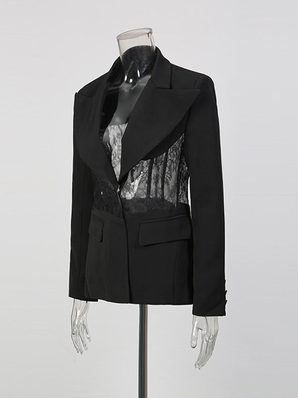 Sexy Lace Patchwork Blazer For Women - Black Gothic Sheer Mesh Waist Slim Fit Suit Jacket - Spring Evening Party 2026