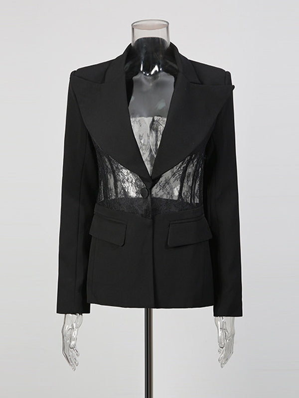 Sexy Lace Patchwork Blazer For Women - Black Gothic Sheer Mesh Waist Slim Fit Suit Jacket - Spring Evening Party 2026