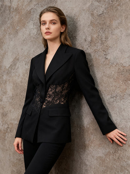 Sexy Lace Patchwork Blazer For Women - Black Gothic Sheer Mesh Waist Slim Fit Suit Jacket - Spring Evening Party 2026