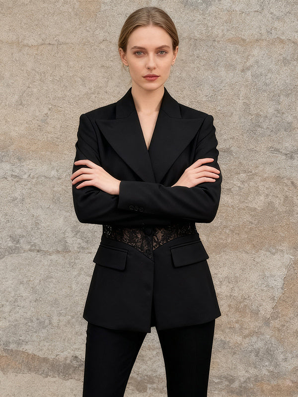 Sexy Lace Patchwork Blazer For Women - Black Gothic Sheer Mesh Waist Slim Fit Suit Jacket - Spring Evening Party 2026