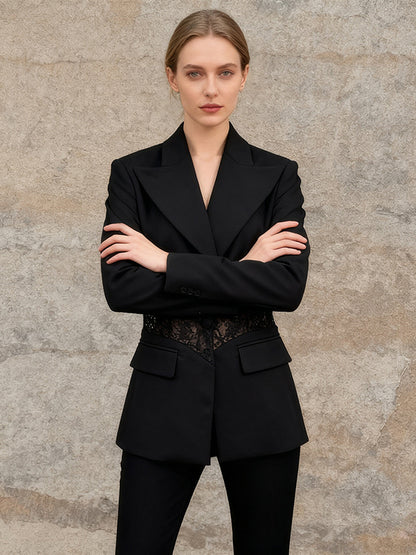 Sexy Lace Patchwork Blazer For Women - Black Gothic Sheer Mesh Waist Slim Fit Suit Jacket - Spring Evening Party 2026
