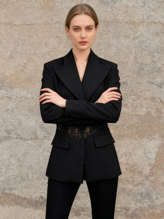 Sexy Lace Patchwork Blazer For Women - Black Gothic Sheer Mesh Waist Slim Fit Suit Jacket - Spring Evening Party 2026