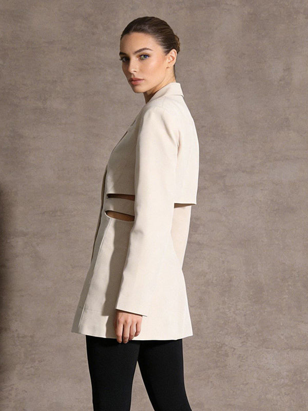 Cut Out Blazer For Women - Beige Elegant Single Button Slim Fit Long Jacket - Spring Office-to-dinner 2026