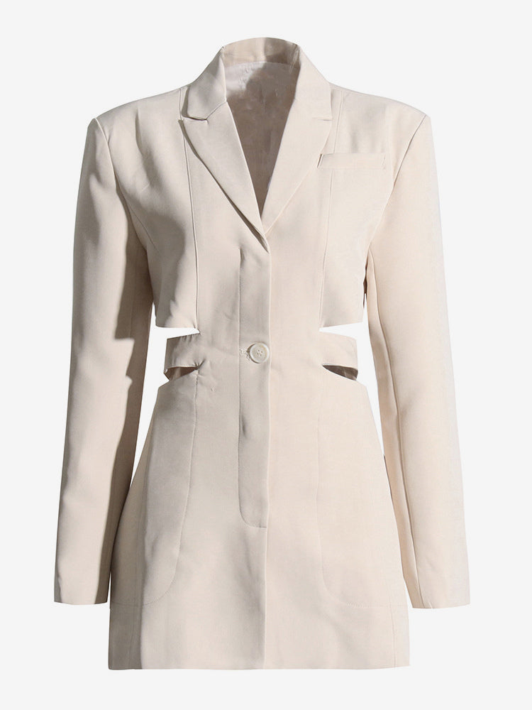 Cut Out Blazer For Women - Beige Elegant Single Button Slim Fit Long Jacket - Spring Office-to-dinner 2026