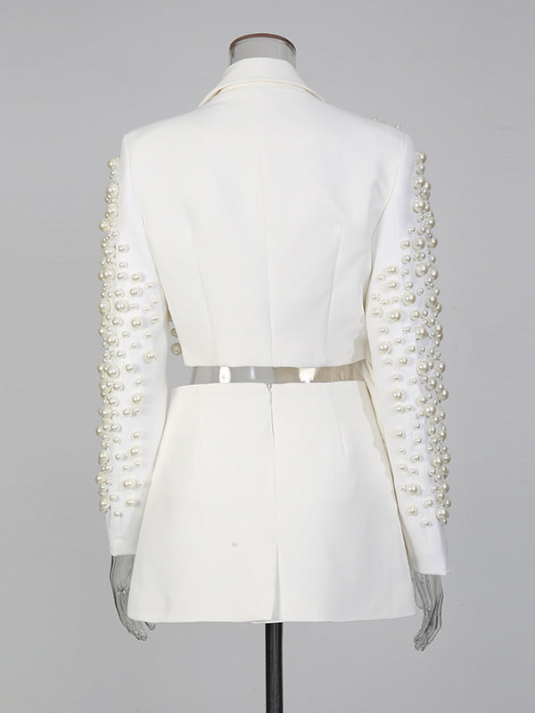 Pearl Beaded Blazer Skirt Set For Women - Sexy Asymmetric Hem Cut Out Mini 2 Piece Suit - Spring Night Out Party 2026