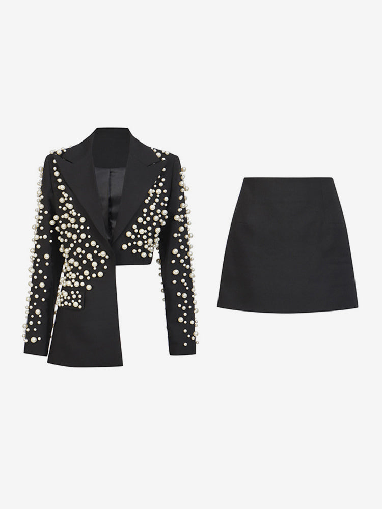Pearl Beaded Blazer Skirt Set For Women - Sexy Asymmetric Hem Cut Out Mini 2 Piece Suit - Spring Night Out Party 2026