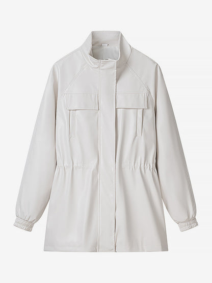 Faux Leather Safari Jacket For Women - Drawstring Waist High Neck Cargo Pocket Midi Coat - Spring Chic Streetwear 2026