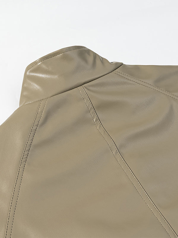 Faux Leather Safari Jacket For Women - Drawstring Waist High Neck Cargo Pocket Midi Coat - Spring Chic Streetwear 2026