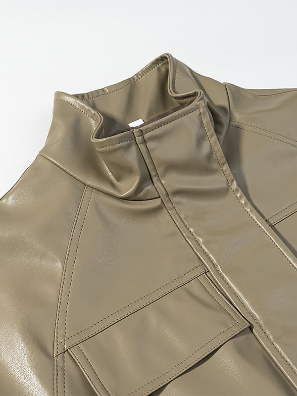 Faux Leather Safari Jacket For Women - Drawstring Waist High Neck Cargo Pocket Midi Coat - Spring Chic Streetwear 2026