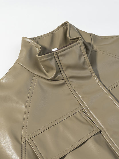 Faux Leather Safari Jacket For Women - Drawstring Waist High Neck Cargo Pocket Midi Coat - Spring Chic Streetwear 2026