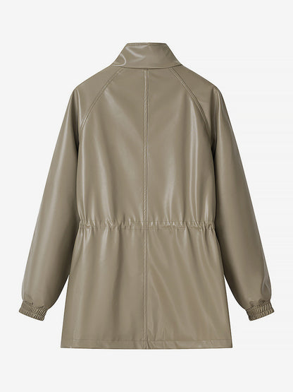 Faux Leather Safari Jacket For Women - Drawstring Waist High Neck Cargo Pocket Midi Coat - Spring Chic Streetwear 2026