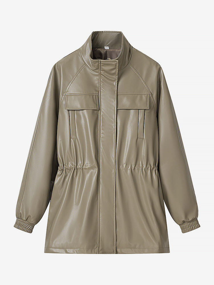 Faux Leather Safari Jacket For Women - Drawstring Waist High Neck Cargo Pocket Midi Coat - Spring Chic Streetwear 2026