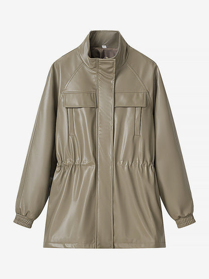 Faux Leather Safari Jacket For Women - Drawstring Waist High Neck Cargo Pocket Midi Coat - Spring Chic Streetwear 2026