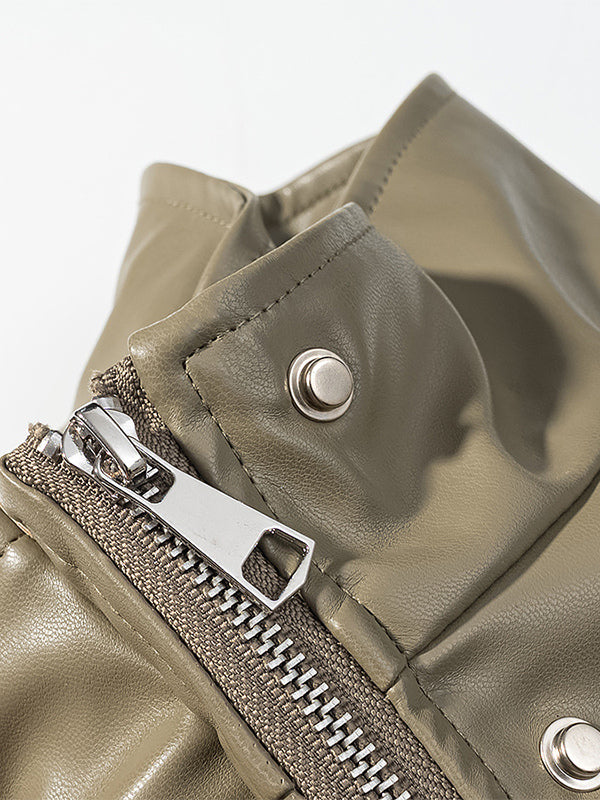 Faux Leather Safari Jacket For Women - Drawstring Waist High Neck Cargo Pocket Midi Coat - Spring Chic Streetwear 2026